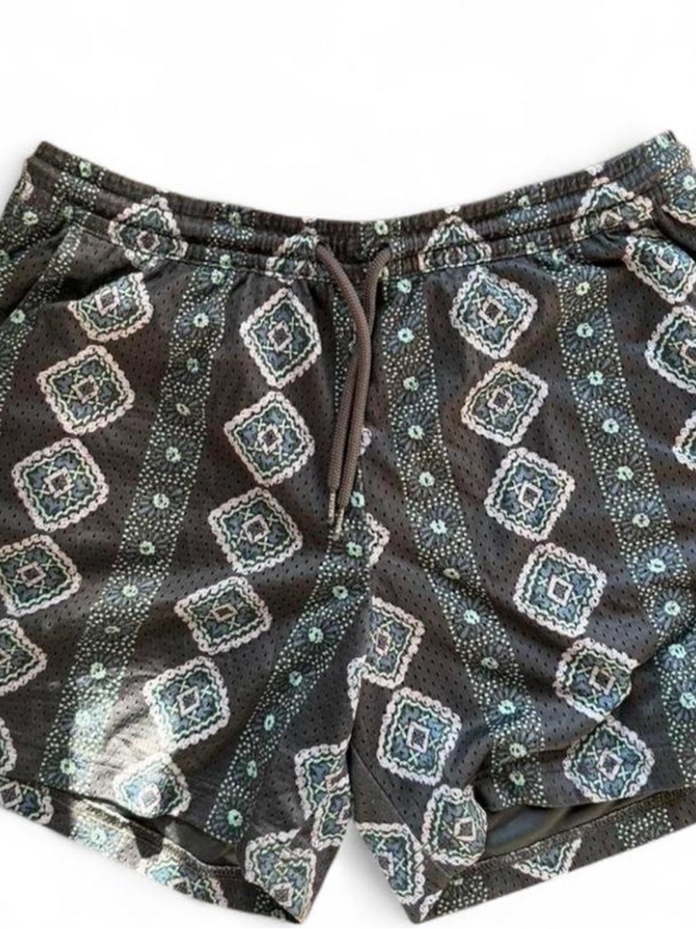 Black Patterned Athletic Mesh Shorts with Drawstring